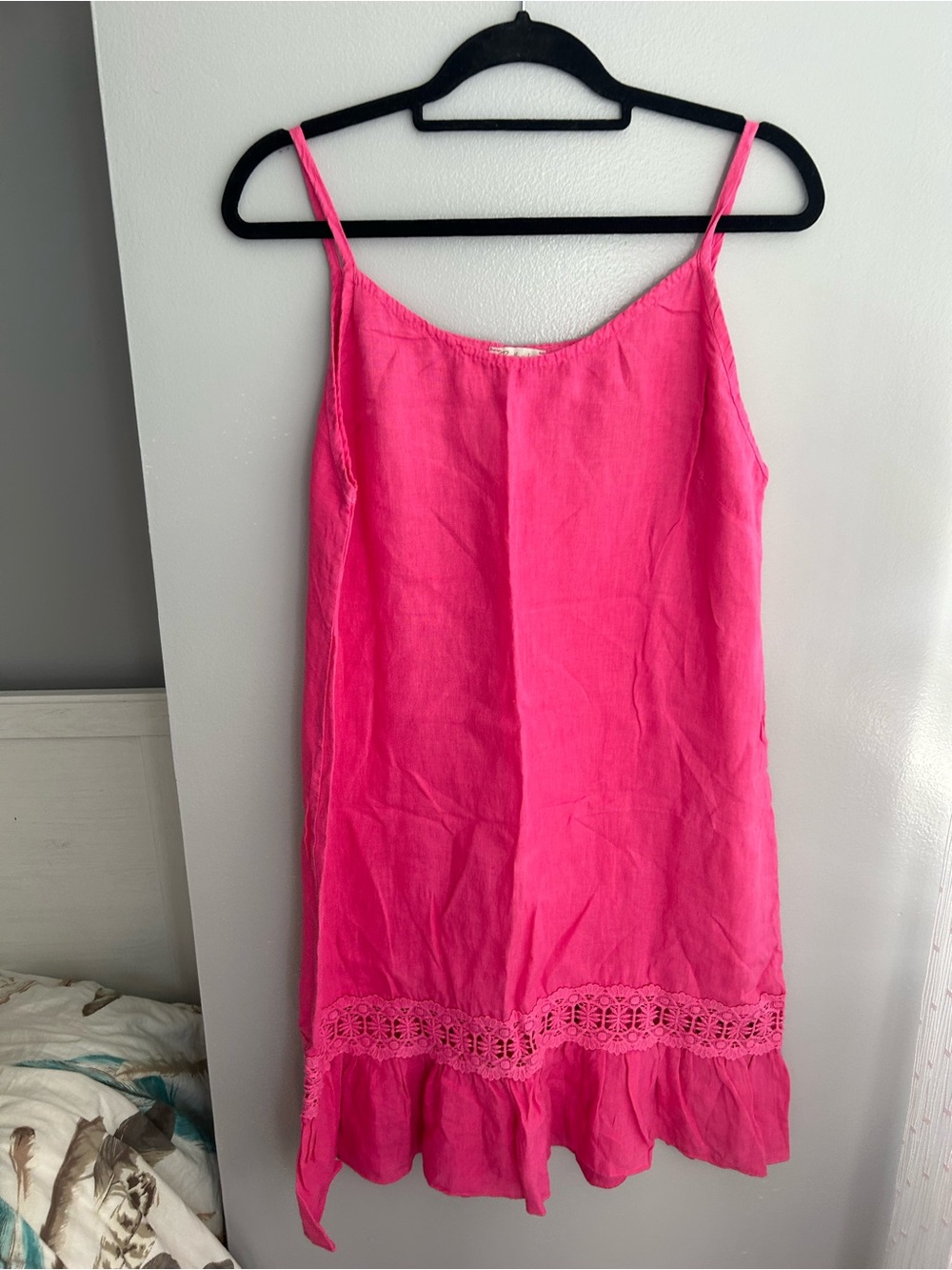 BELLAMBIA LINEN Bright Pink Spaghetti-Strap Dress with Lace Trim